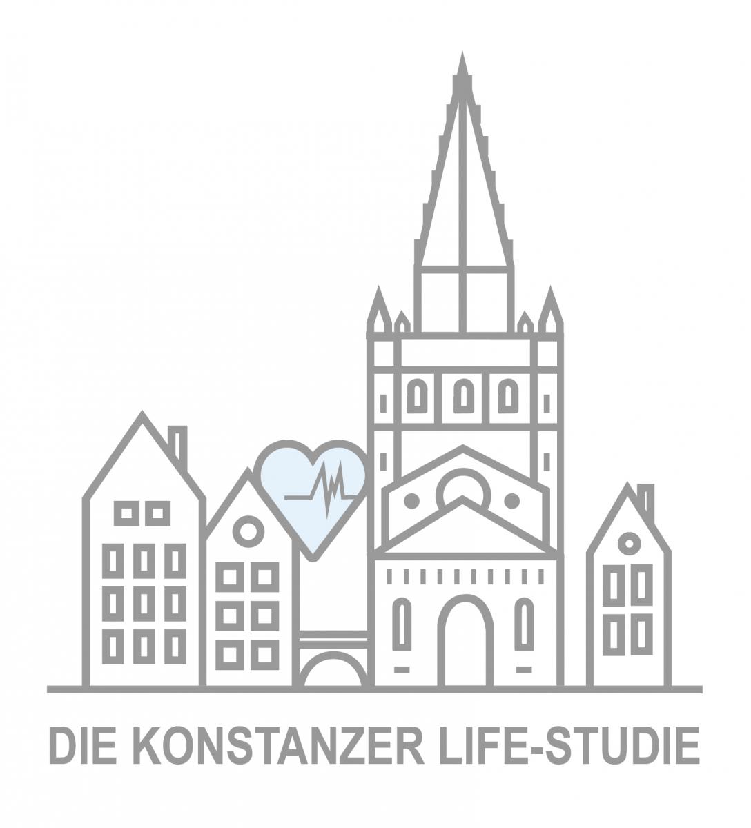 [Translate to Englisch:] Logo der Konstanzer Life-Studie, zeigt stilisierte Ansicht des Konstanzer Münster und Icons zur Gesundheit